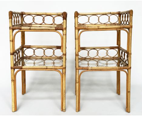 BAMBOO LAMP TABLES, a pair, 1970s bamboo framed and cane bound each with two glass shelves and gallery, 37cm x 37cm x 69cm H.