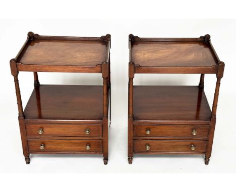 LAMP TABLES, a pair, George III design figured mahogany, each with two tiers, gallery and two drawers, 65cm H x 48cm W x 42cm