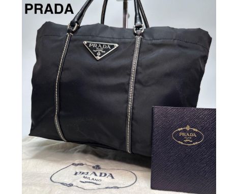PRADA VINTAGE BAG, nylon body with leather double handles and leather trims throughout, contrasting stitches, silver tone har