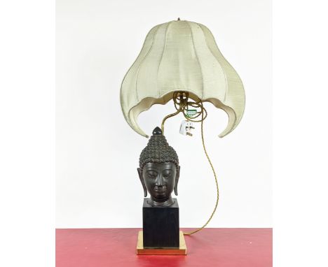 MANNER OF JAMES MONT BUDDHA TABLE LAMP, with silk shade, vintage 20th century, 75cm H. 