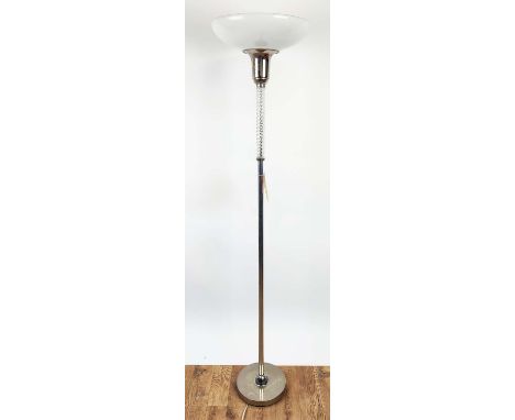 FLOOR LAMP, Art Deco style, chrome, Wrythen glass to column, opaline glass shade, 172cm H. 