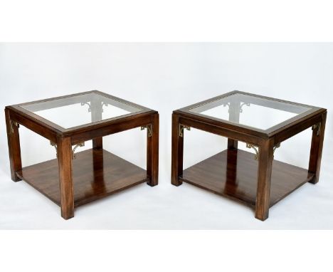 LAMP TABLES, a pair, Georgian style mahogany and gilt metal mounted, each square glazed with undertier, 68cm x 68cm x 52cm H.