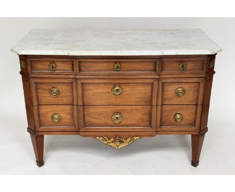 COMMODE, 19th century French transitional style walnut and gilt metal mounted with three short and two long drawers stamped/c