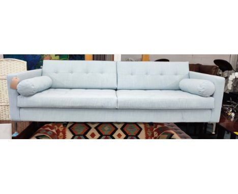 FOGIA ALEX SOFA,230cm W x 91cm D, in light blue fabric with a buttoned back and metal supports. 