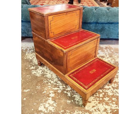COMMODE BED STEPS, 19th century mahogany, with two rising lids, standing on turned legs, with leather treads, 62cm H x 43.5cm