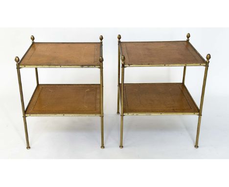 LAMP TABLES, a pair, Regency style gilt metal each with two gilt tooled leather shelves and reeded supports, 47cm x 47cm x 56