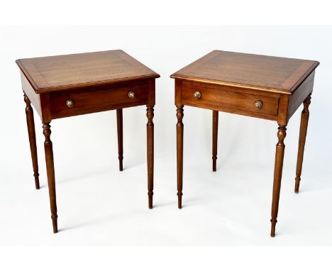 LAMP TABLES, a pair, George III design mahogany and satinwood crossbanded each with frieze drawer and turned tapering support