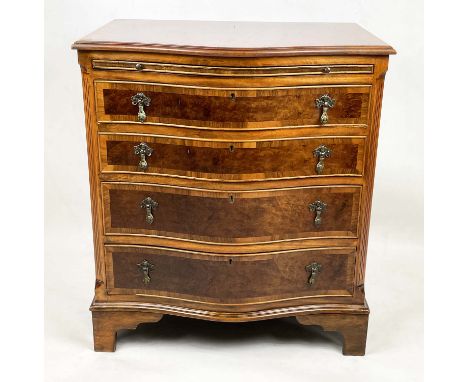 BACHELOR'S SERPENTINE CHEST, 18th century style burr amboyna top with mahogany banding,  above green leather gilt tooled brus