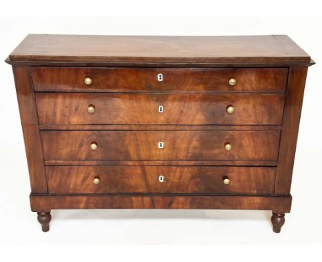 HALL COMMODE, early 19th century French Empire flame mahogany of adapted shallow proportions with four long drawers, 128cm W 