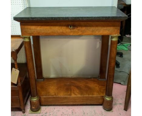 AN EARLY 19TH CENTURY EMPIRE  MAHOGANY CONSOLE TABLE, marble top, frieze drawer, turned columns, pot board, 91cm H x 81cm W x