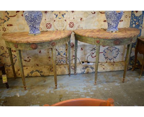 CONSOLE TABLES, a pair, of demi lune form, each with faux marble top, and distressed floral painted detail to base. (2) 