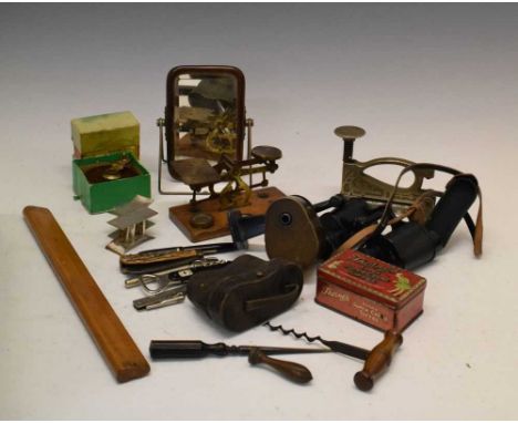 Assorted collectors items to include: cased opera / field glasses, small table mirror, postal scales, corkscrews, penknives, 