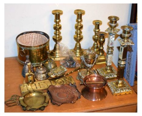 Group of metalwork, including three pairs of candlesticks, inkwell, etc. 