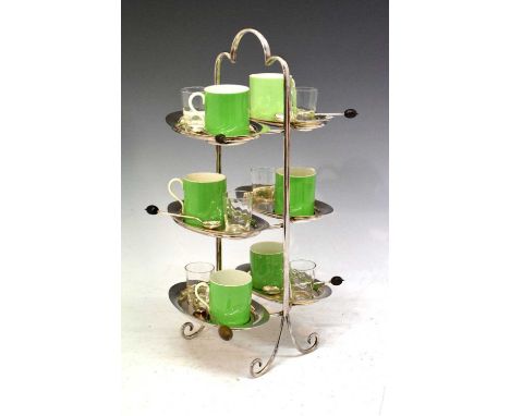 Art Deco silver-plated six setting coffee stand with Coalport coffee cans, shot / water glasses, six removable oval trays on 