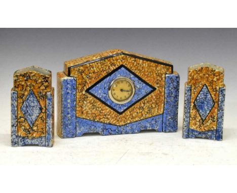 Art Deco influence ceramic three piece clock garniture, 19cm high and smaller