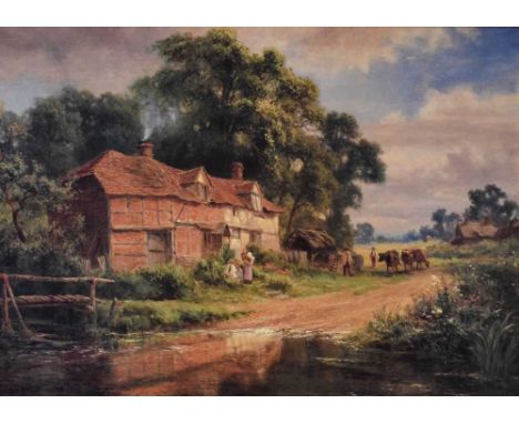 After Robert Gallon RA - Oleograph - 'Cottage by a river', 49cm x 74cm, gilt framed