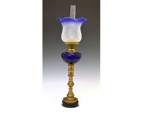 Brass and blue glass oil lamp or paraffin lamp, 60cm high 