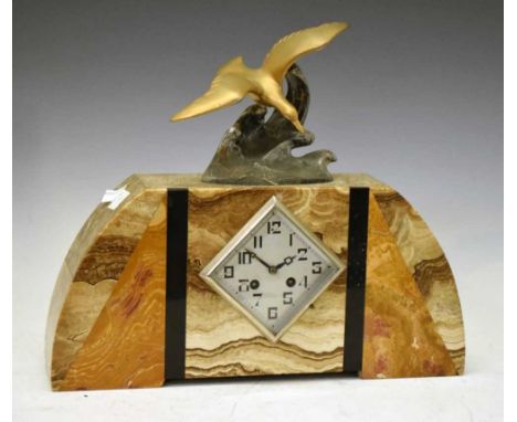 Art Deco clock with wave and seabird surmount, 37cm high