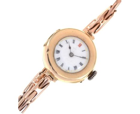 Lady's 9ct gold wristwatch, white Roman dial with red XII, Swiss 15-Jewel manual wind movement, 26mm excluding crown, flexibl