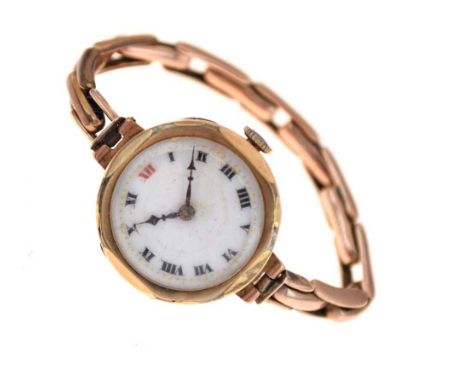 Lady's 9ct gold watch on bracelet, 15-jewel manual wind movement, 24mm ex crown, flexible strap, 18.2g gross approx