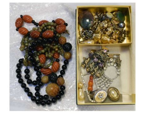 Chinese carved jade ball on a bead necklace and other costume jewellery including bead necklaces, brooches and clip earrings