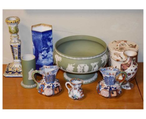 Assorted ceramics to include: French faience candlestick, 22.5cm high; Doulton hexagonal vase, Wedgwood green jasperware foot