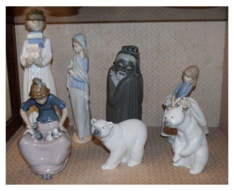 Five Lladro/Nao figures and two Polar Bears, tallest 28cm high 