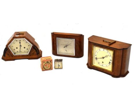 Two Art Deco mantel clocks and barometer, and chrome alarm clock, largest 31cm x 21cn high 
