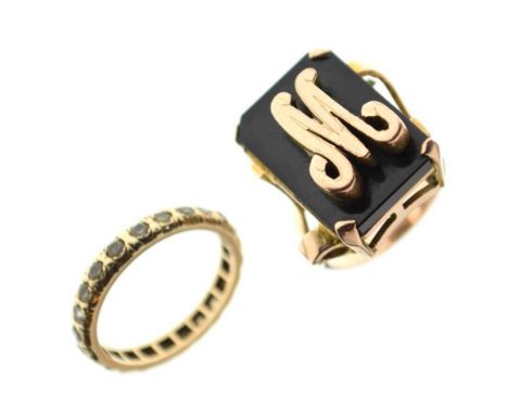Unmarked yellow metal signet or mourning ring, with cursive initial 'M' on black hardstone matrix, size O, together with an u
