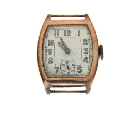 Gentleman's mid-Century 9ct gold watch, Arabic tonneau dial marked 'Made in Switzerland', subsidiary seconds at 6, manual win