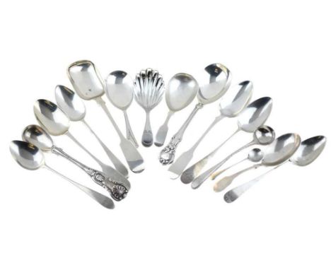 Quantity of Georgian and later spoons, to include Edward VII Britannia standard caddy spoon, Birmingham 1909, Victorian musta
