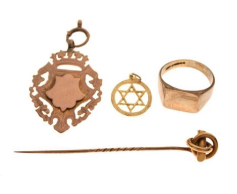 9ct gold signet ring, fob, and Star of David pendant, together with a yellow metal stick pin, 20g approx