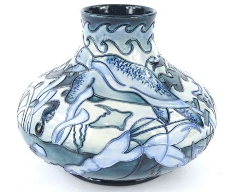 A Moorcroft Turtle pattern trial squat vase, decorated with seahorses, turtles, anchor etc. on a mottled blue ground, designe