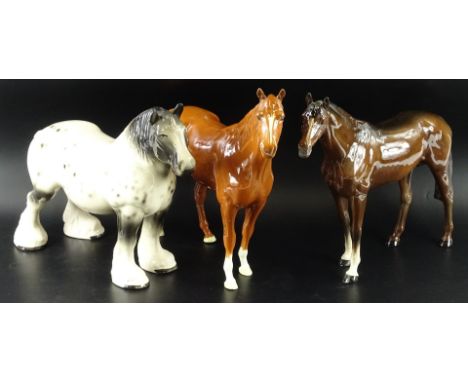 Three ceramic horses, to include a large brown Beswick horse, a similar paler coloured horse and an unmarked grey dappled shi