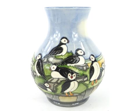 A Moorcroft Puffins pattern vase, designed by Carol Lovett, tube-lined by Gili Powell, paintress  Jayne Hancock, impressed ma