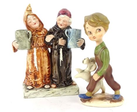 A Continental Majolica glazed figure group, of two monks, each with a flagon branded KB, 19cm H, and a West German Hummel sty