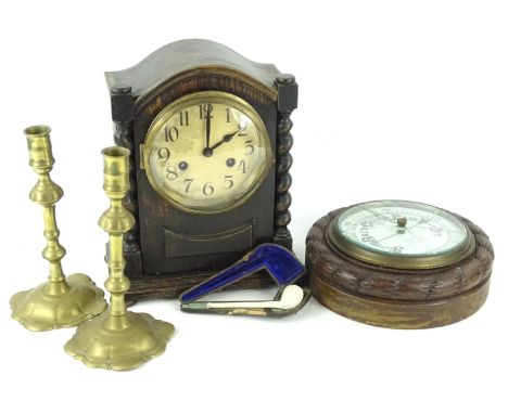 A collection of items, to include an oak mantel clock, pair of 18thC brass candlesticks, an aneroid barometer signed Henry Ma