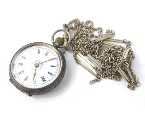 A silver fob watch, with white enamel dial and floral scrolled design centre, with Roman numeral hands, on a silver plated ch