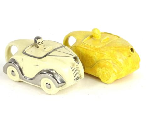 A Sadler Art Deco style novelty teapot, modelled in the form of a yellow car and another cream example with silvered wings et