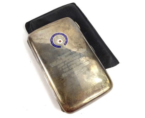 A large George V silver cigar case, the hinged lid with enamel decoration for the West Yorkshire Coal Owners Association Mine