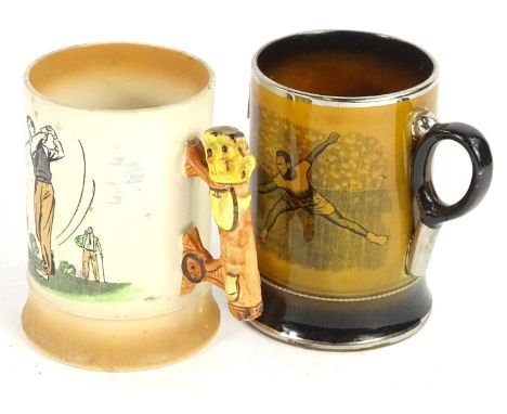 Two sports related Royal Bradwell sports series mugs, one with coloured print of a golfer and with a golf bag handle, the oth