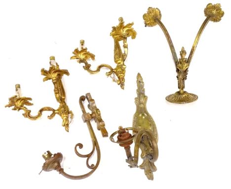 A quantity of wall lights, to include a two branch French gilt metal example and two pairs of French gilt metal tie backs, ea