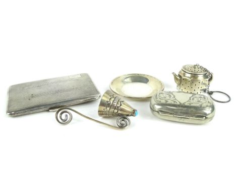 A collection of small silver etc., to include an engine turned card case, a tea infuser modelled in the form of a teapot stam