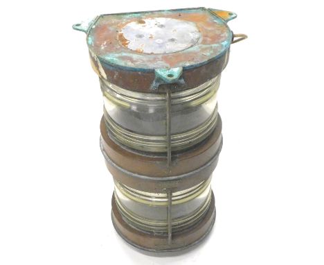 A meteorite copper and brass mast head lamp, later converted to electricity, 62cm H.