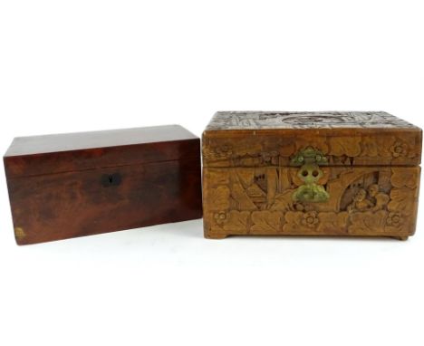 A 19thC mahogany rectangular box, possibly previously a tea caddy but lacking fittings, 29cm W, and an oriental carved candle