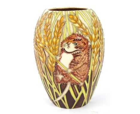 A Moorcroft Cornfield pattern vase, decorated with field mouse, wheatsheaves etc. on a brown and cream ground, designed by Al