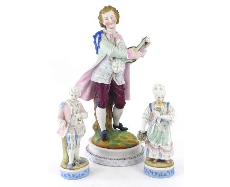 A late 19thC German bisque figure, modelled in the form of a man playing a mandolin, on a circular base, 40cm H, and two smal