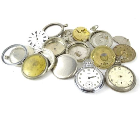 Various pocket watch parts, to include JC Vickery with enamel dial, silver plated watch cases, partial movements etc. (1 box)