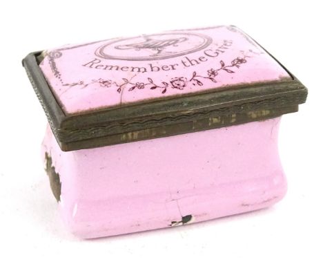 A 19thC Staffordshire pink enamel pill box, the hinged lid bearing the motto 'Remember the Giver' (AF), 4cm W.