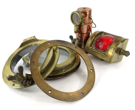 Various nautical items, to include port holes, a copper and brass small signalling lamp and a small ship's lamp stamped 'Port